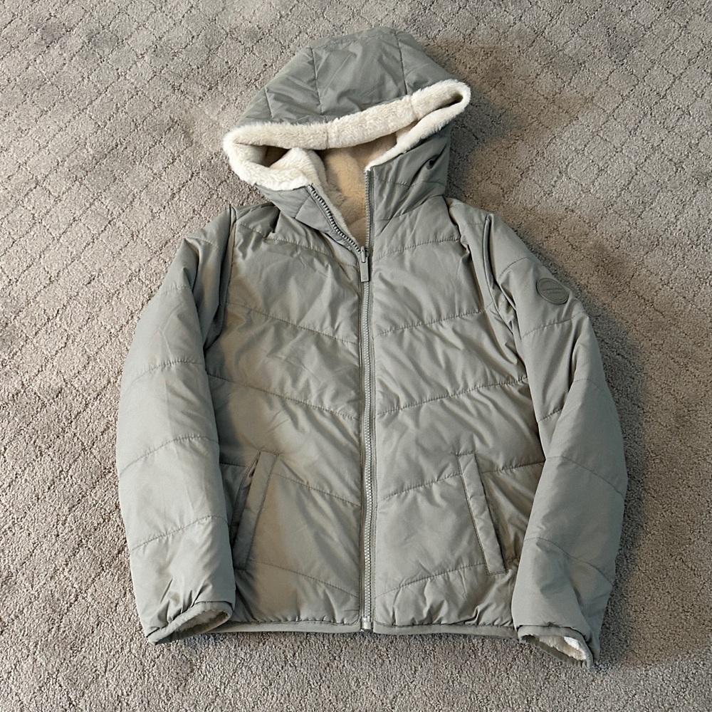 Abercrombie Kids Sage Green Hooded Puffer Jacket with Sherpa Lining